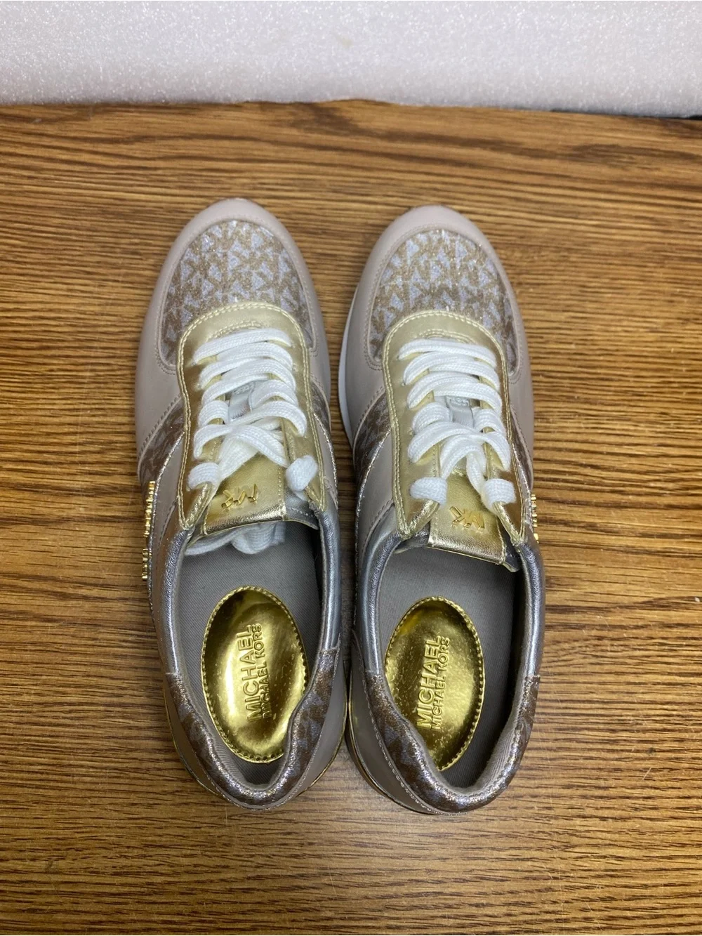 Michael Kors Allie Wrap Trainer Sneakers leather Metallic silver gold Womens 8.5